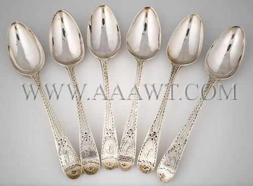 Six Peter and Ann Bateman Silver Teaspoons
18th Century, entire view